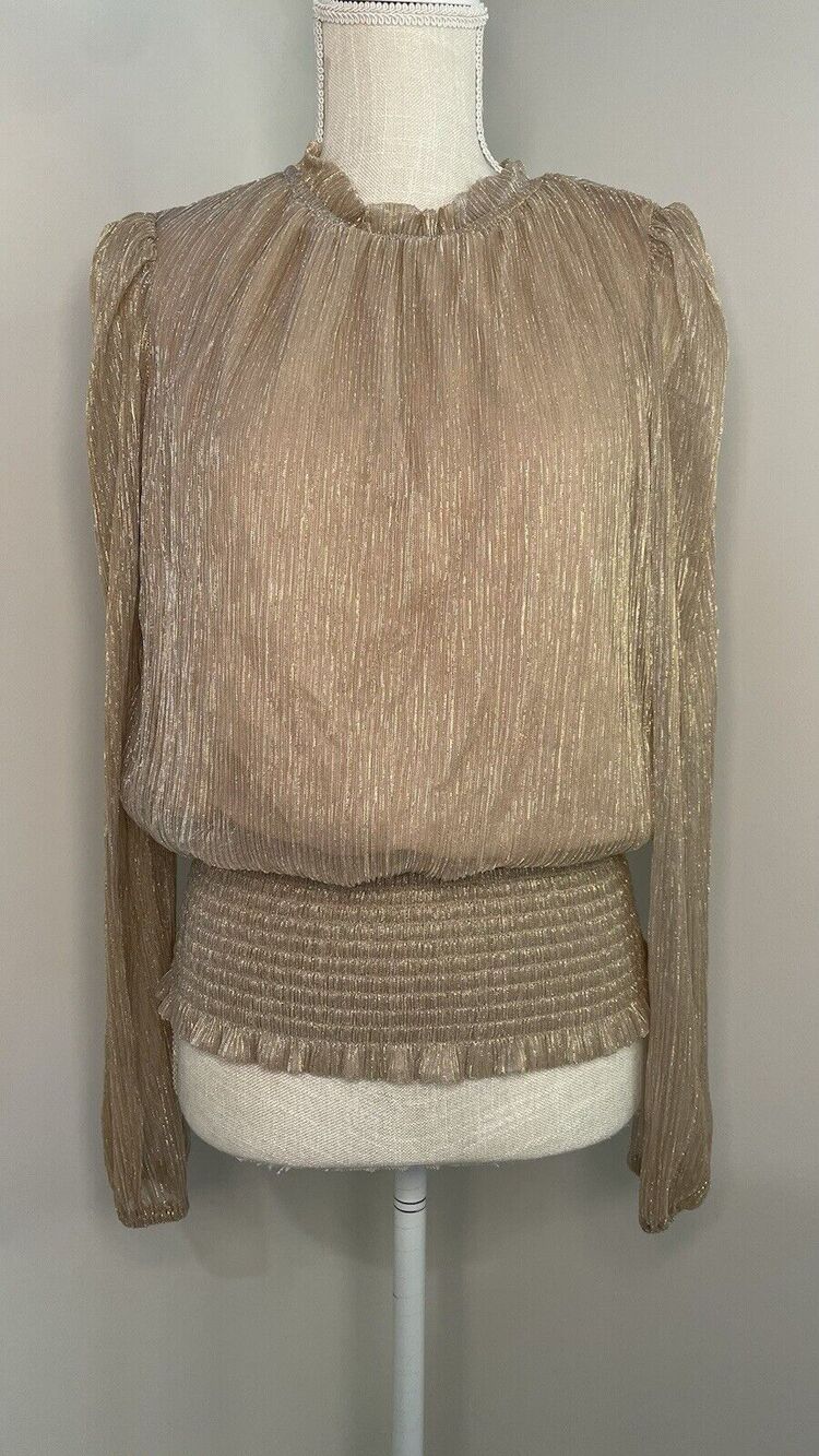 Joie Smocked Metallic Ruffle Sheer Long Sleeve Blouse 80s Retro Women's Size M